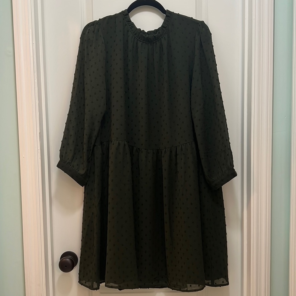 LOFT Green Long Sleeve Swiss Dot Dress